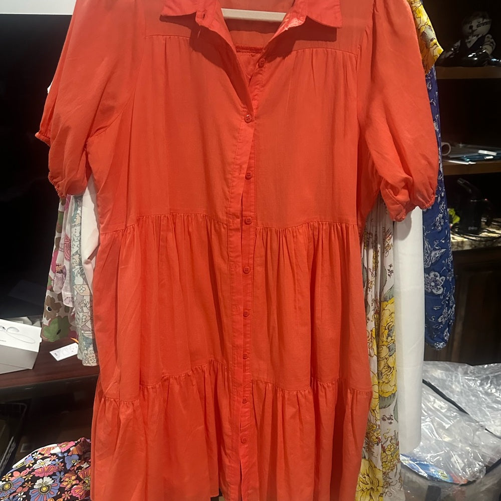 NWOT SIZE L HYFVE Orange and Pink Puff Sleeve Asymmetrical Sundress