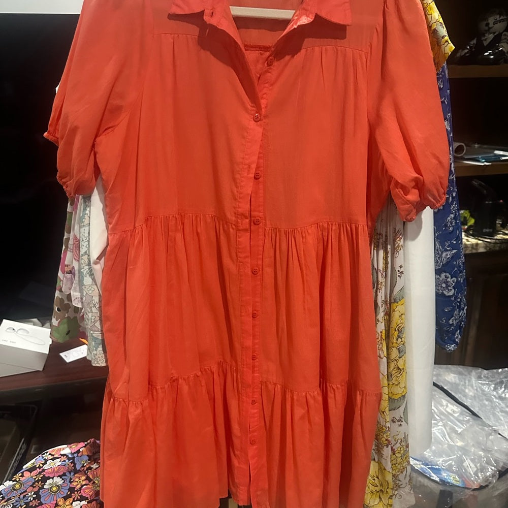 NWOT SIZE L HYFVE Orange and Pink Puff Sleeve Asymmetrical Sundress