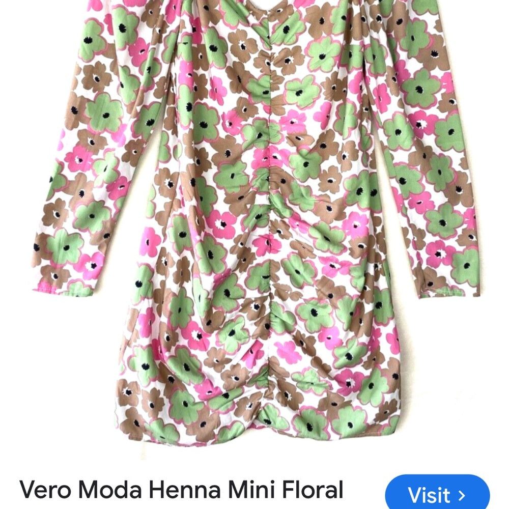 SIZE M Vero Moda Pink and Green Ruched Bodycon Dress with Puff Sleeves