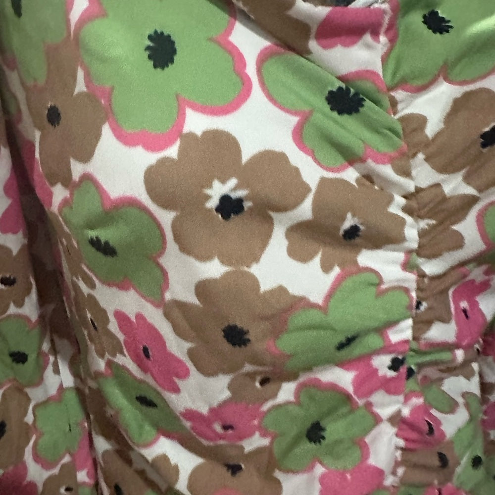 SIZE M Vero Moda Pink and Green Ruched Bodycon Dress with Puff Sleeves
