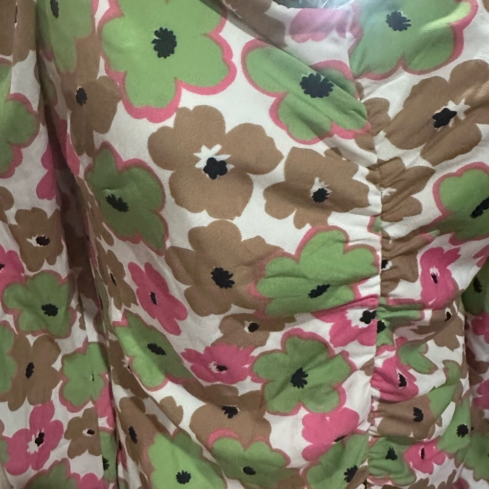 SIZE M Vero Moda Pink and Green Ruched Bodycon Dress with Puff Sleeves