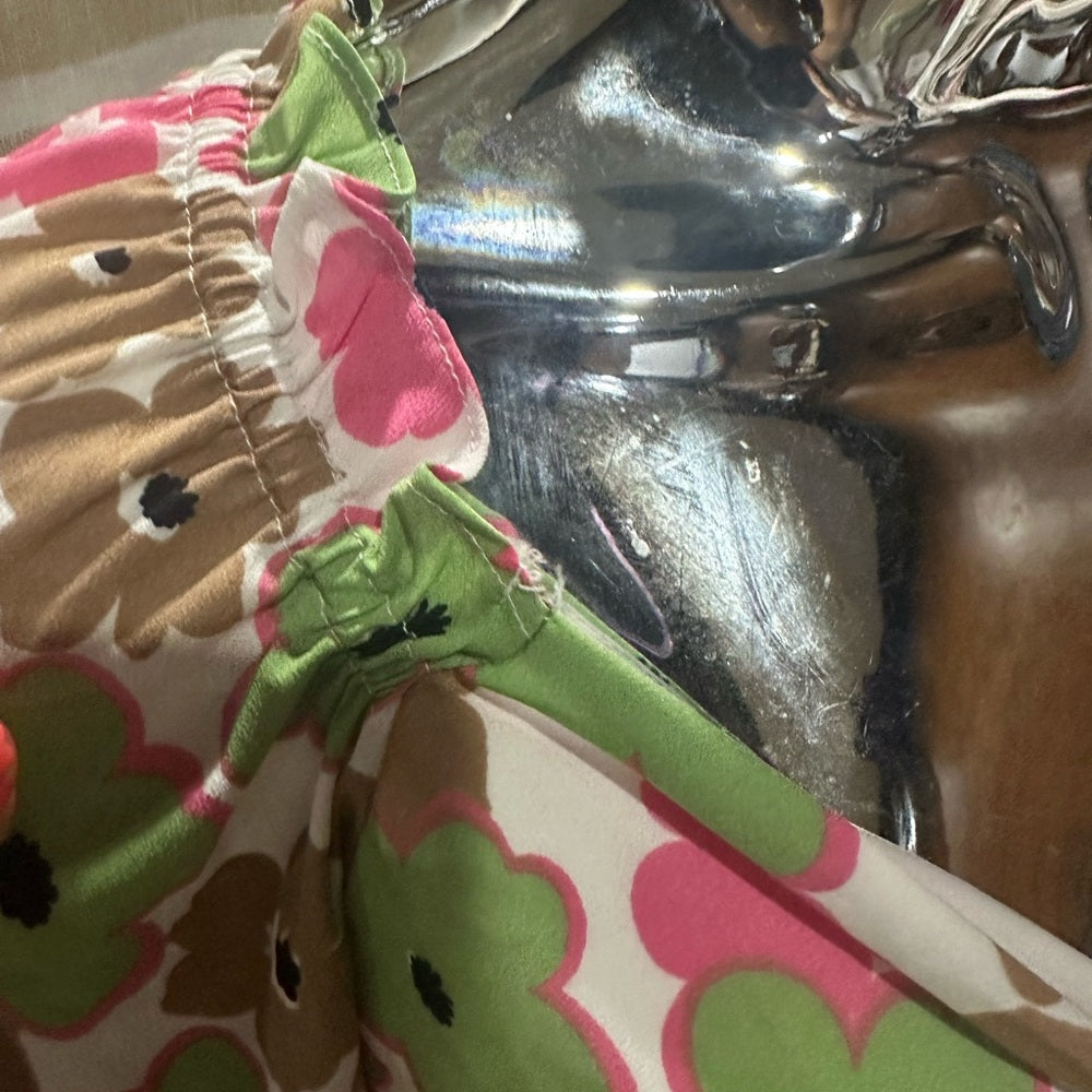 SIZE M Vero Moda Pink and Green Ruched Bodycon Dress with Puff Sleeves