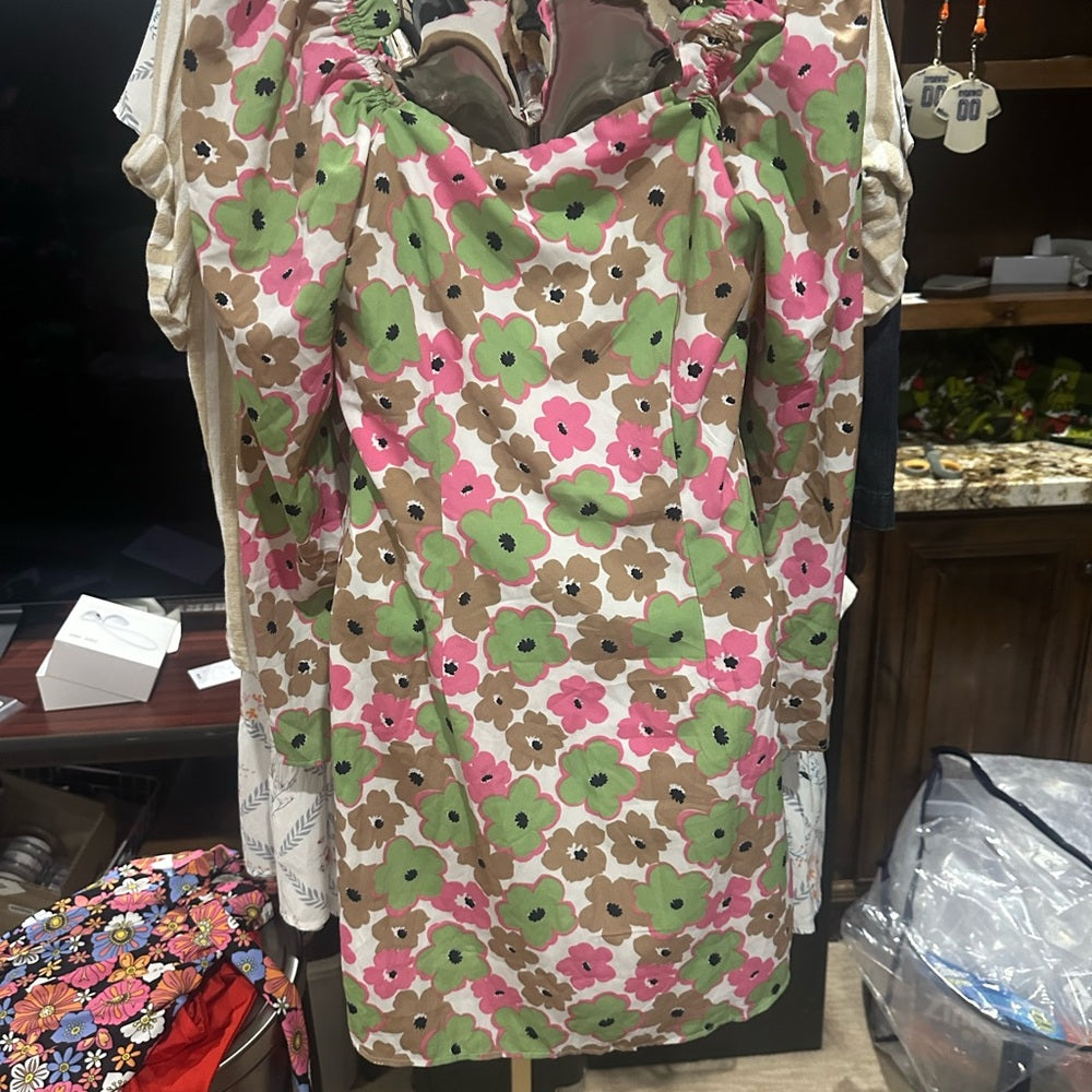 SIZE M Vero Moda Pink and Green Ruched Bodycon Dress with Puff Sleeves