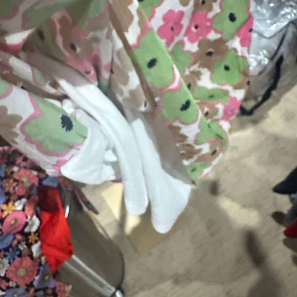 SIZE M Vero Moda Pink and Green Ruched Bodycon Dress with Puff Sleeves