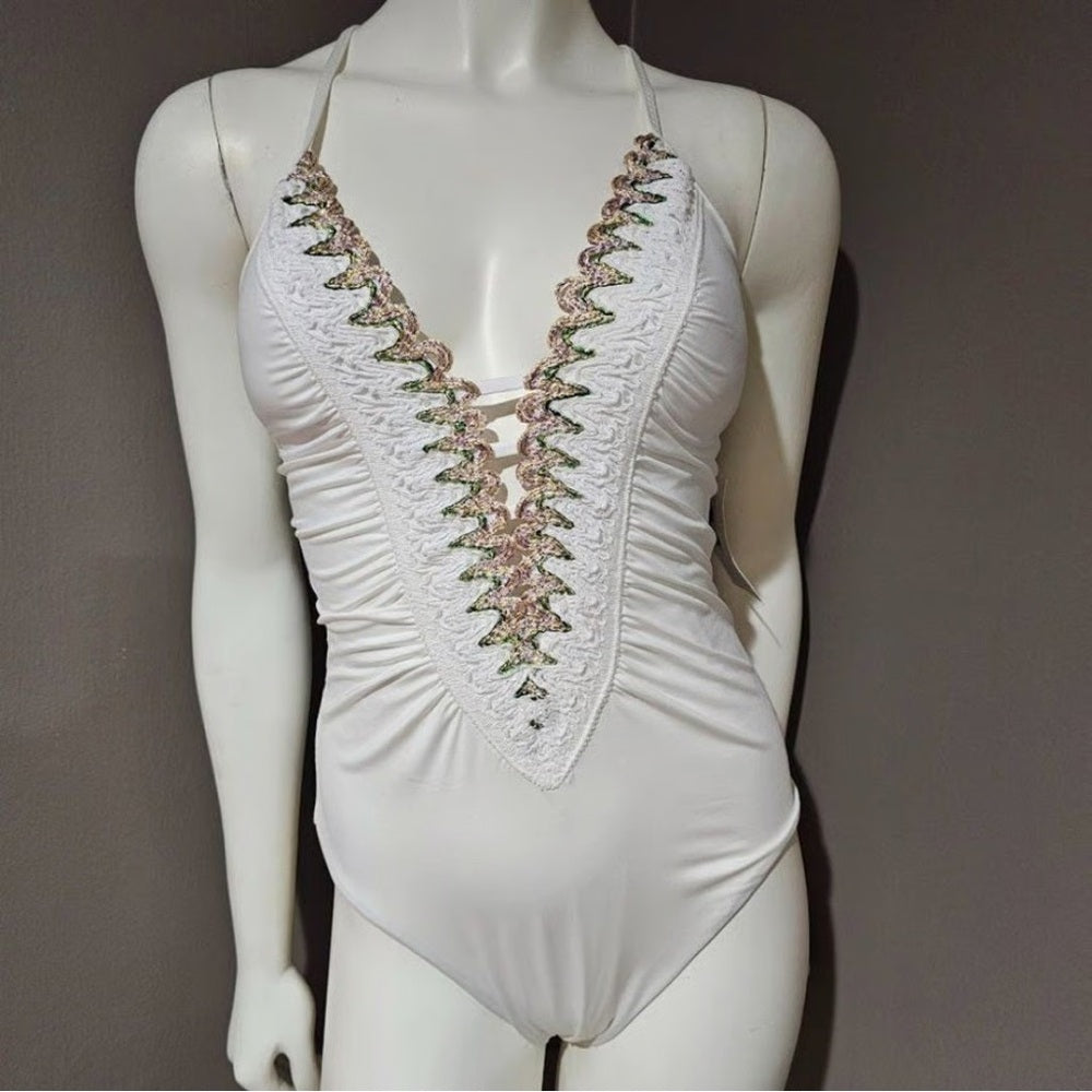 NWT SIZE L BECCA White and Green One Piece Swimsuit with Lace-Up V-Neck