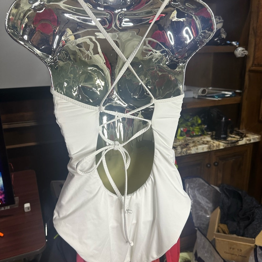 NWT SIZE L BECCA White and Green One Piece Swimsuit with Lace-Up V-Neck