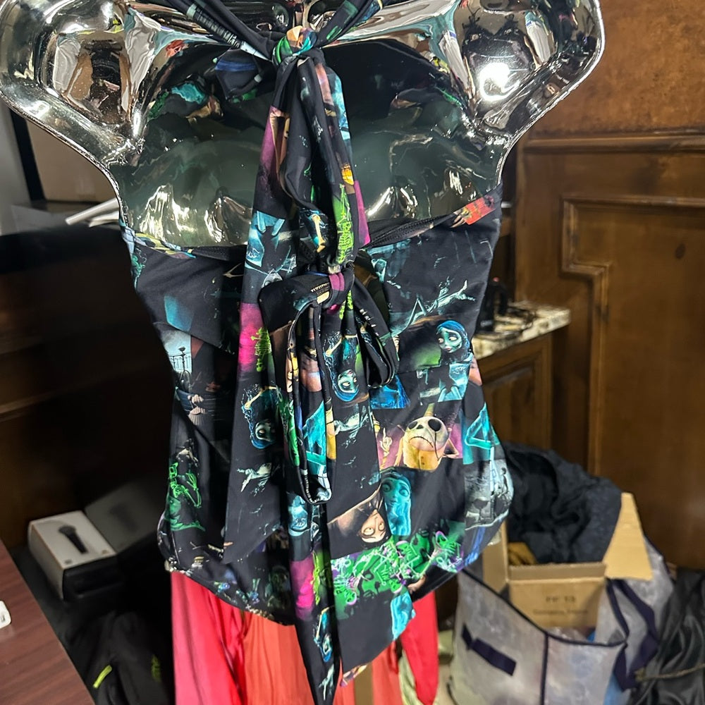 NWOT SIZE S Unique Vintage Black One Piece Swimwear with Ruffle and V-Neck