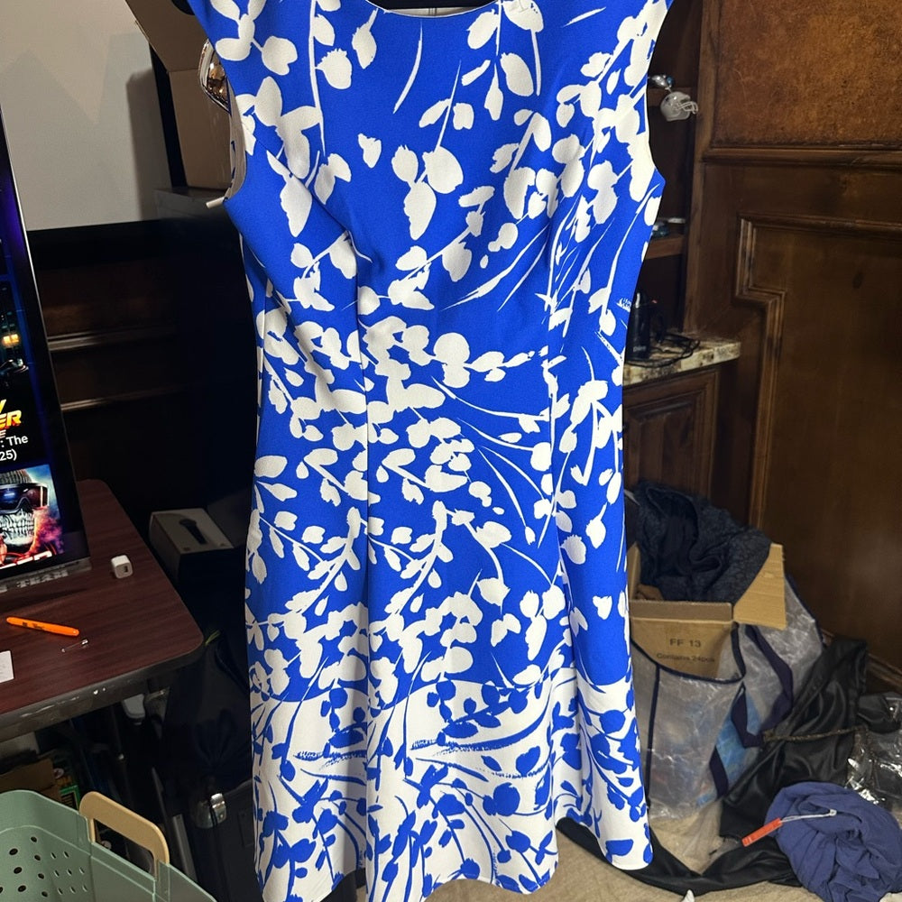 SIZE 8 London Times Blue and White A-Line Midi dress
