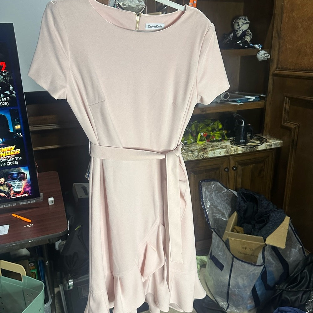SIZE 6 Calvin Klein Pink Asymmetrical Ruffle Wrap Dress