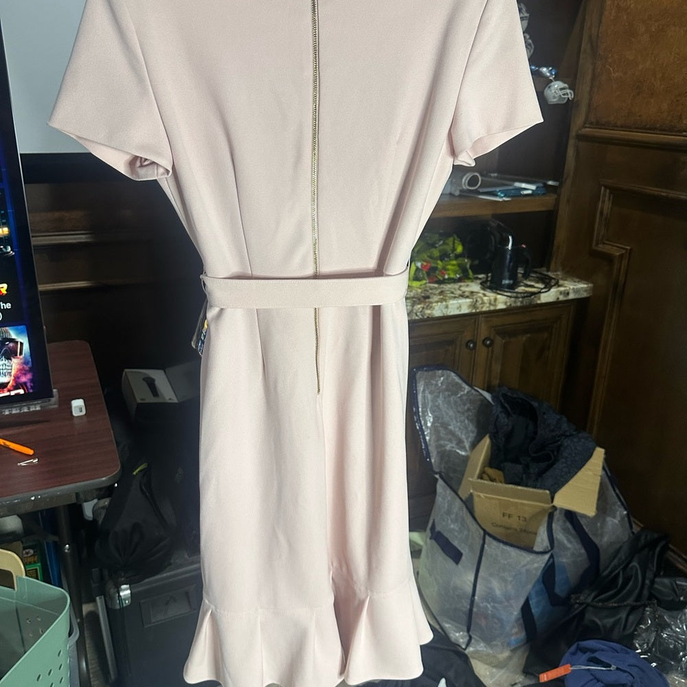 SIZE 6 Calvin Klein Pink Asymmetrical Ruffle Wrap Dress