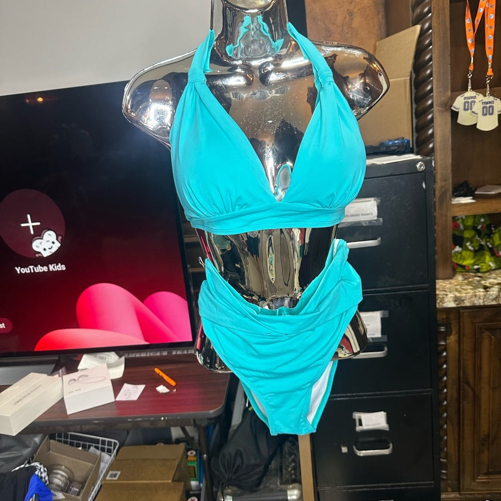 NWT SIZE XL Younique Blue Bikini with Triangle Halter and Ruched Sides