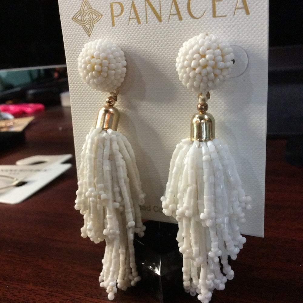 White Beaded Tassel Earrings