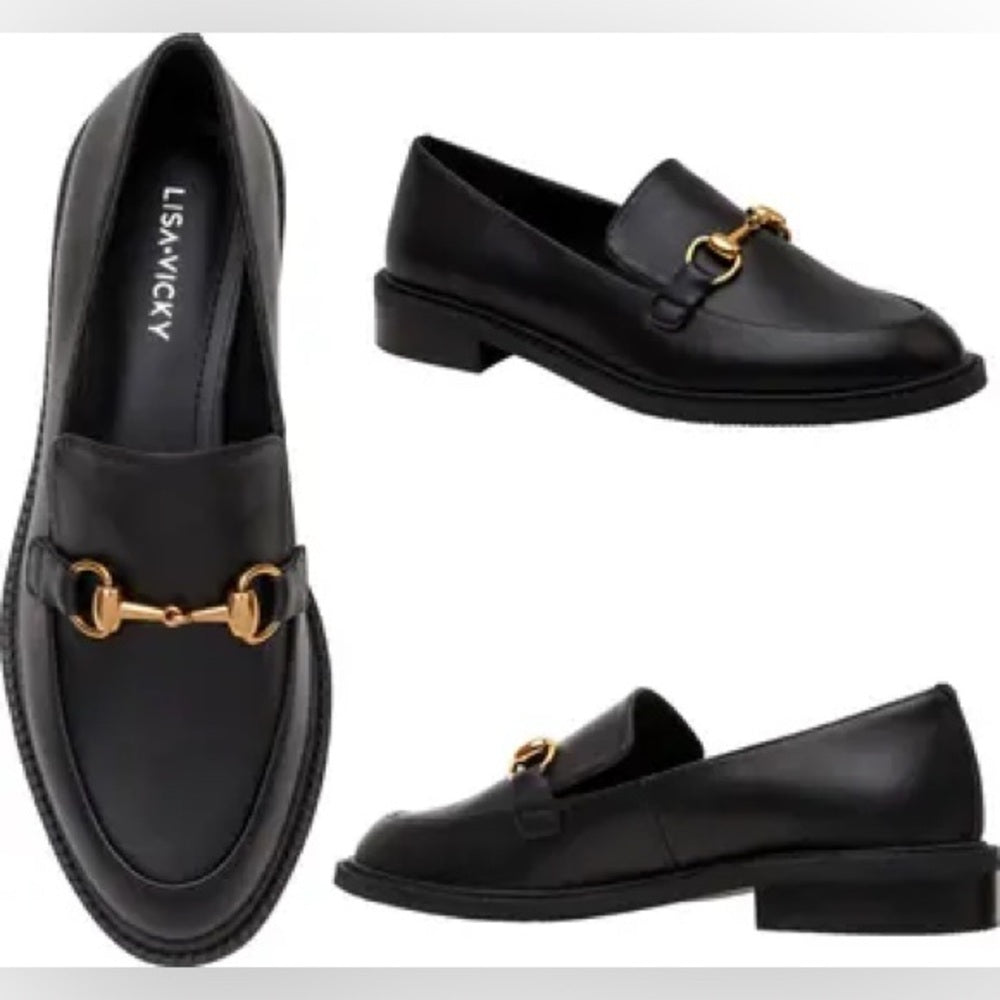 1.5.93.NEW SIZE 10 Lisa Vicky Black and Gold Slip-On Loafers with Horse bit