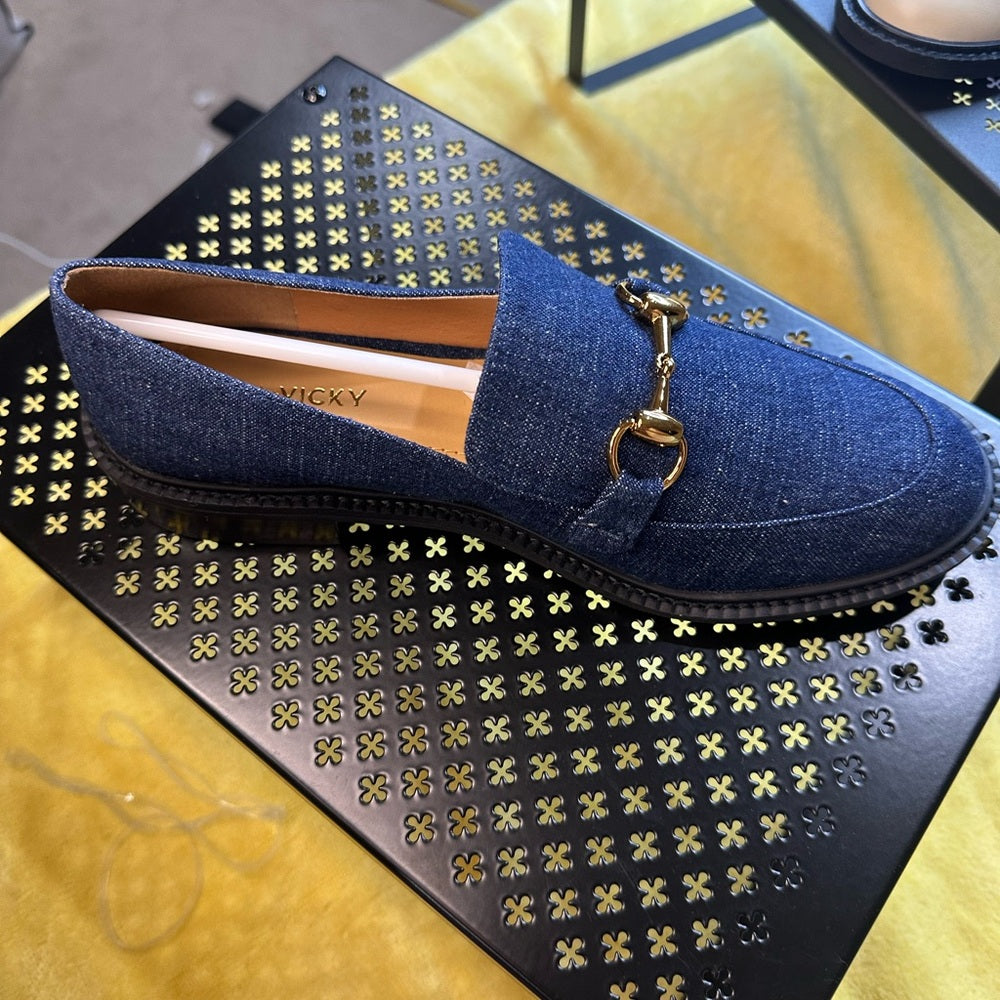 130.Blue and Gold Denim Loafers with Horsebit Detail