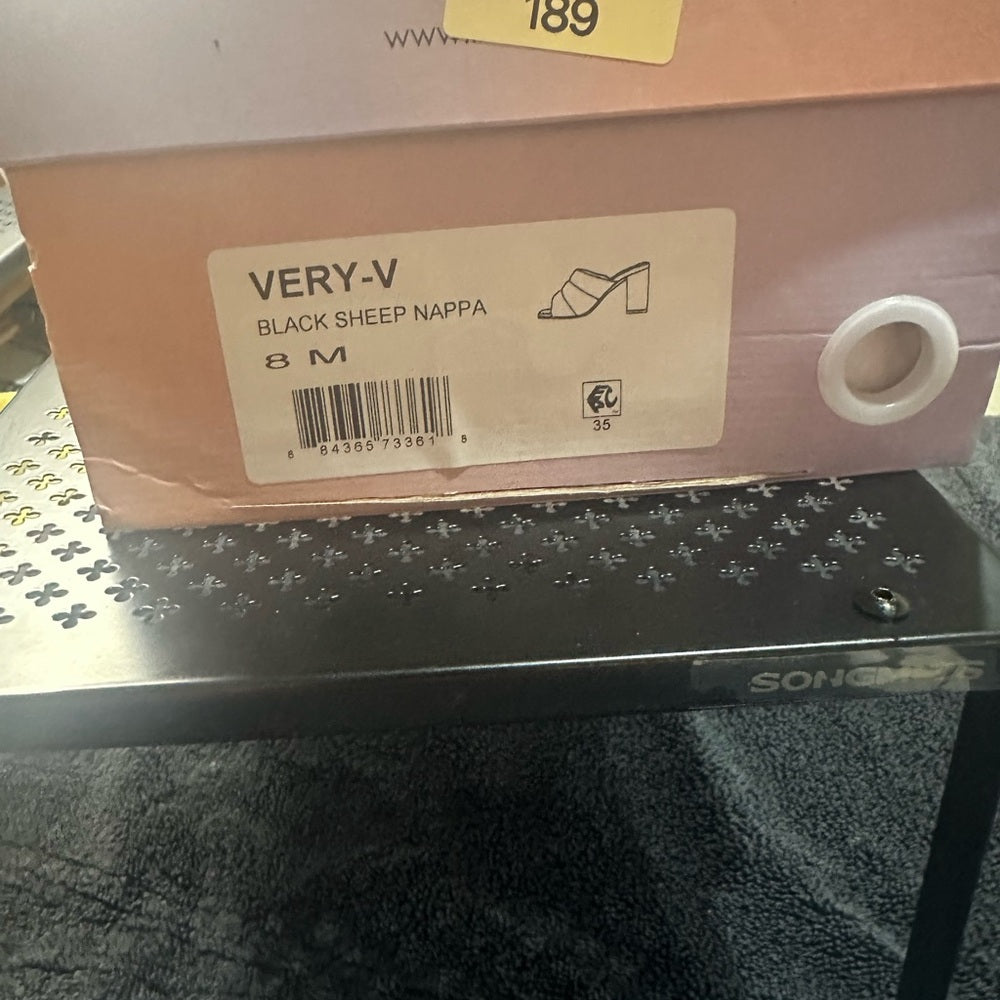 189. NEW SIZE 8M Black Ruched Leather Mules with Block Heel