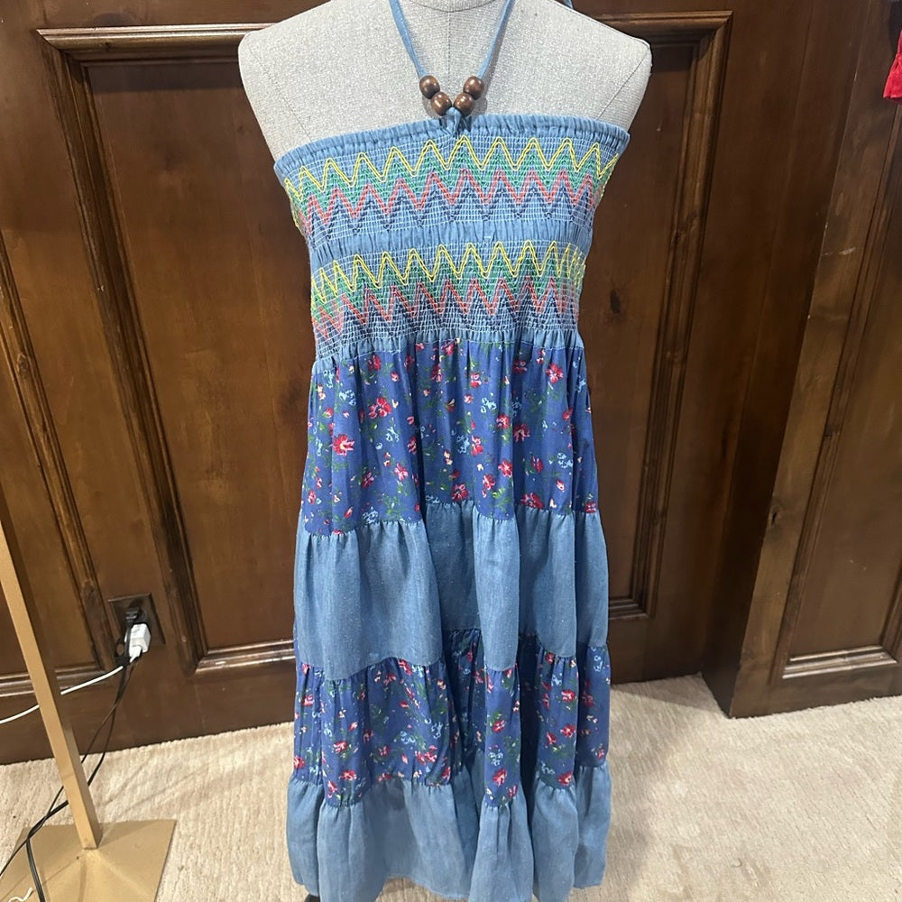NWT SIZE L Blue and Green Halter Midi Sundress