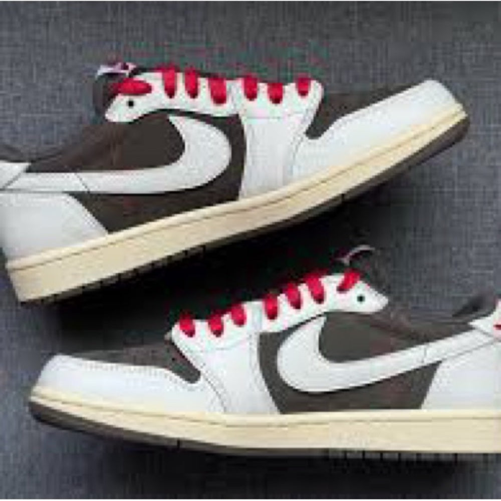 347. NEW SIZE 13 AIR JORDON TRAVIS SCOTT NIKE White, Brown, and Red Accents