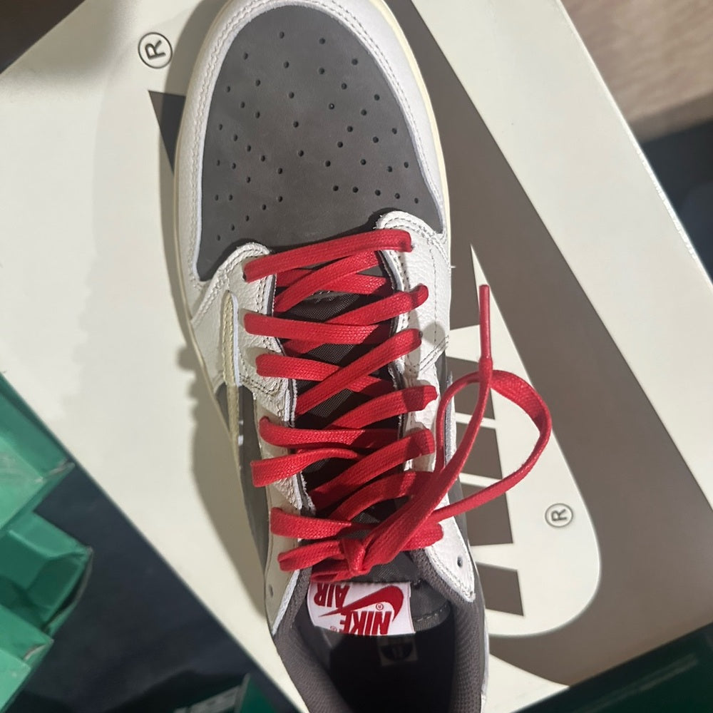 347. NEW SIZE 13 AIR JORDON TRAVIS SCOTT NIKE White, Brown, and Red Accents