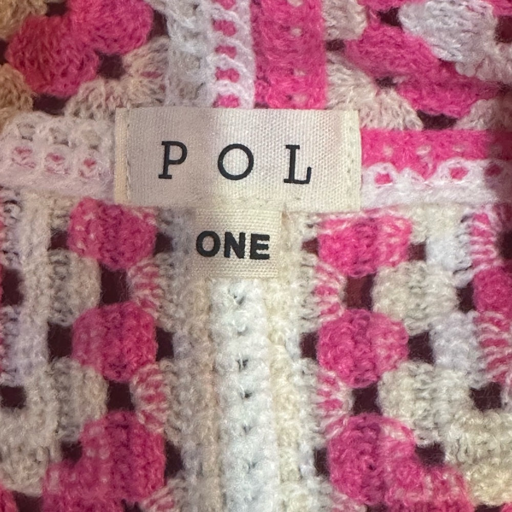 NWOT SIZE OS POL Pink and White Crochet Button Down Shirt