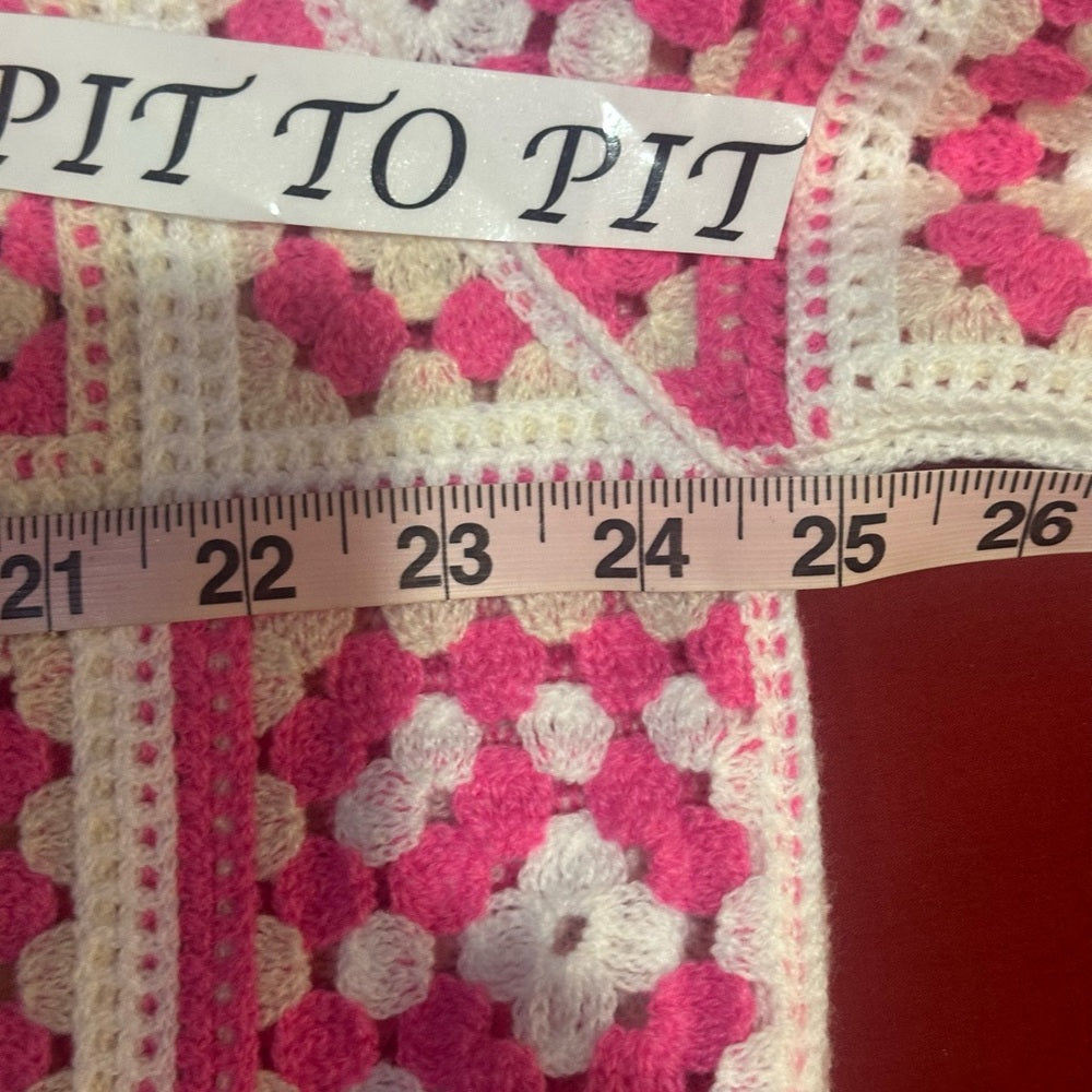 NWOT SIZE OS POL Pink and White Crochet Button Down Shirt