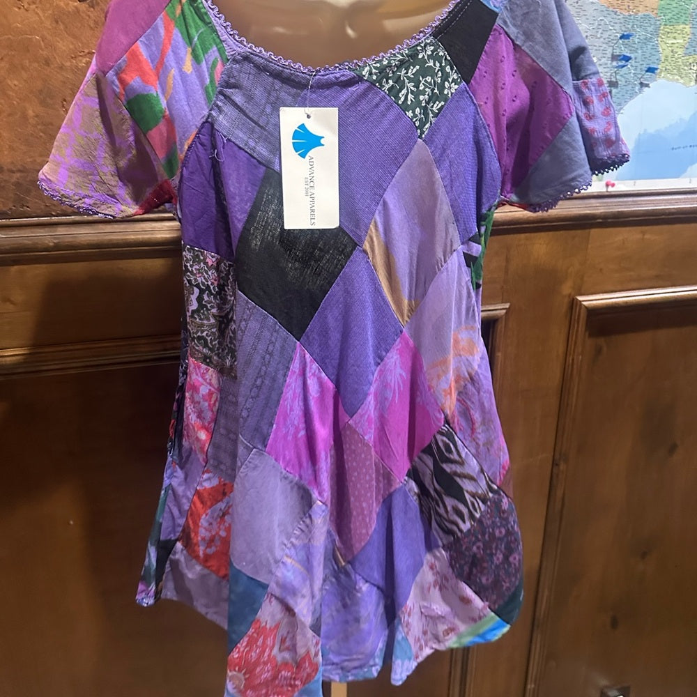 NWT SIZE S/M Advance Apparels Purple Patchwork Blouse