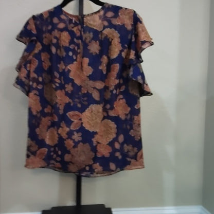 NWT SIZE XS Mango Blue and Orange Flutter Sleeve Blouse