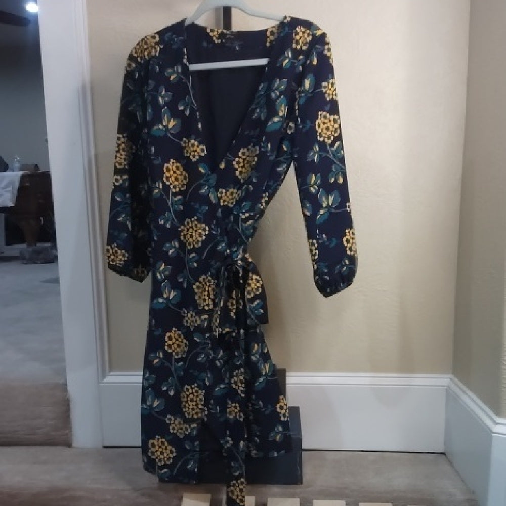 Size small J. Crew Blue Wrap Dress with Bishop Sleeves and V-Neck