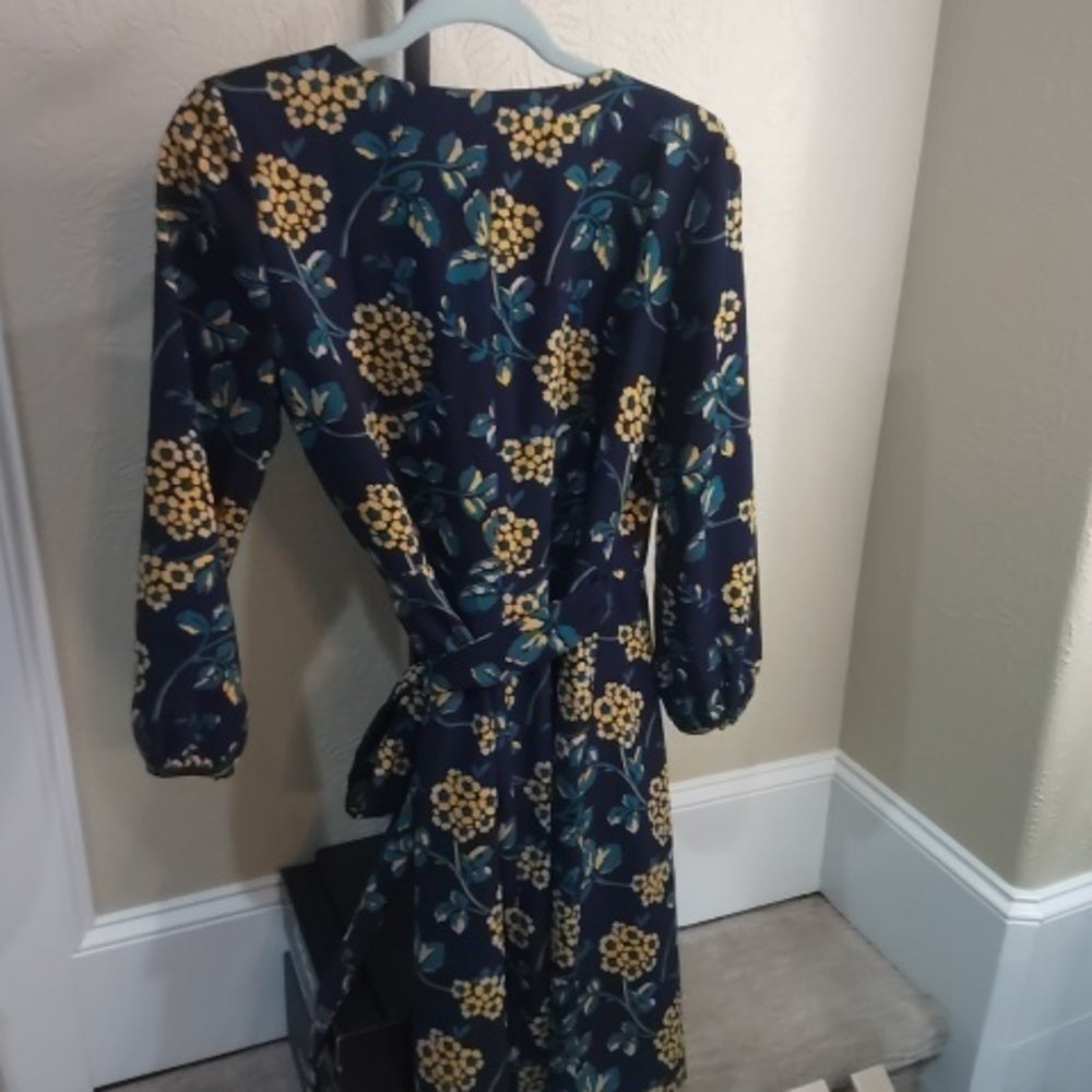 Size small J. Crew Blue Wrap Dress with Bishop Sleeves and V-Neck