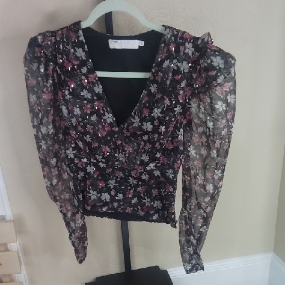 SIZE XS Floral Black and Pink Sheer Top