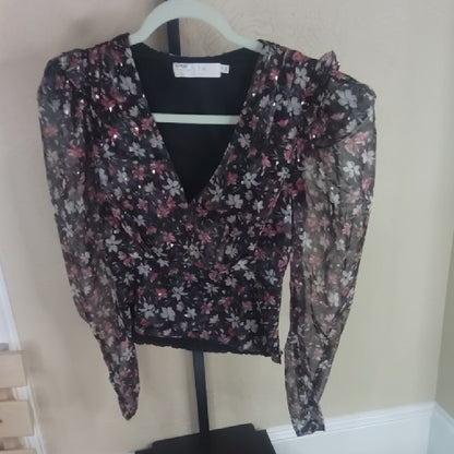 SIZE XS Floral Black and Pink Sheer Top