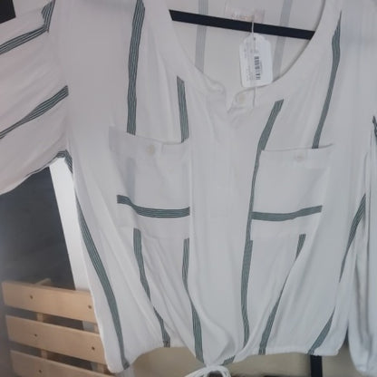 SIZE S Green and White Long Sleeve Crop Blouse with Tie Front