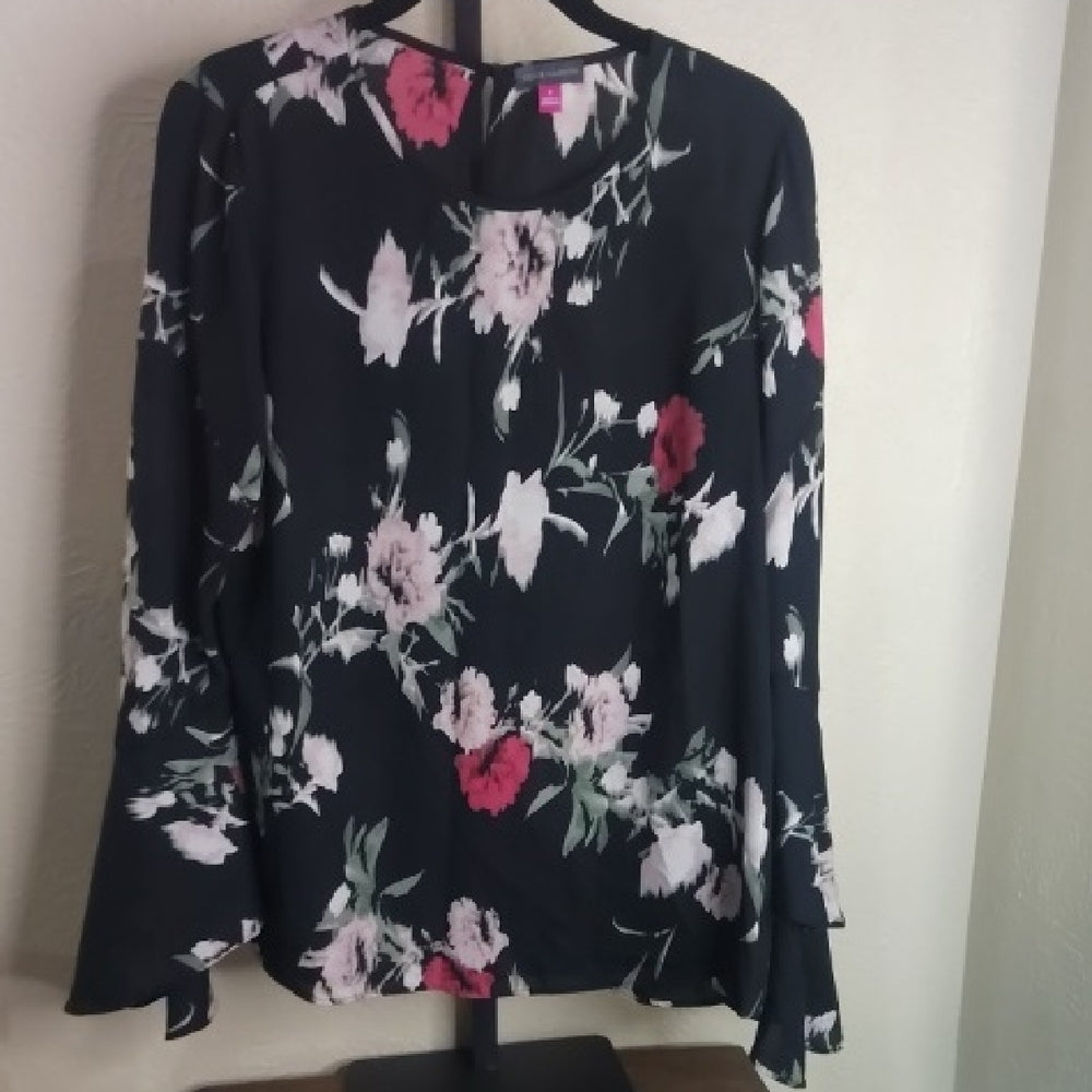 Vince Camuto Blue and Black Ruffled Bell Sleeve Blouse