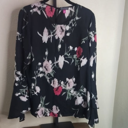 Vince Camuto Blue and Black Ruffled Bell Sleeve Blouse