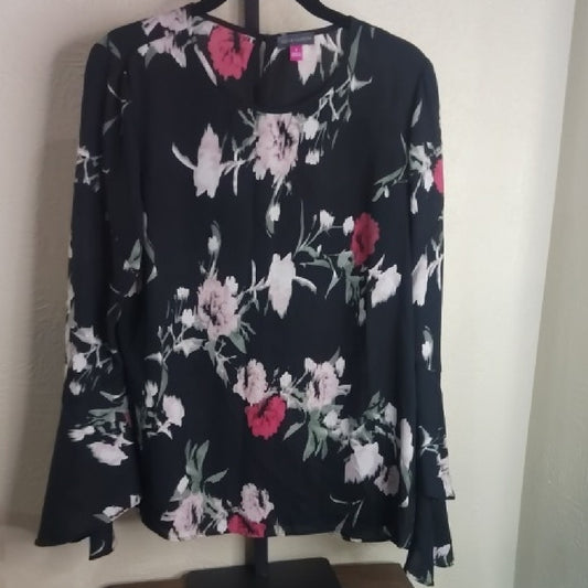 Vince Camuto Blue and Black Ruffled Bell Sleeve Blouse