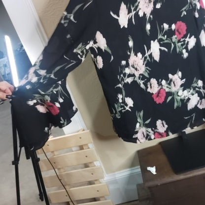 Vince Camuto Blue and Black Ruffled Bell Sleeve Blouse