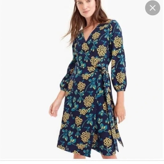 Size small J. Crew Blue Wrap Dress with Bishop Sleeves and V-Neck