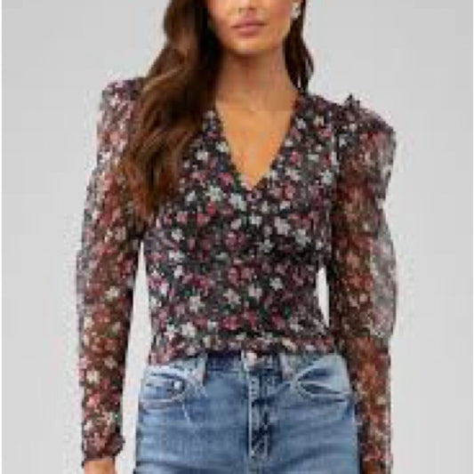 SIZE XS Floral Black and Pink Sheer Top