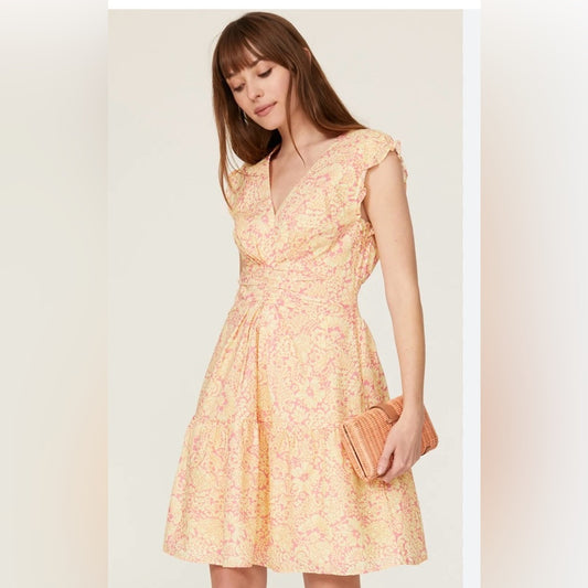Derek Lam Orange and Pink Midi Dress with Flutter Sleeves