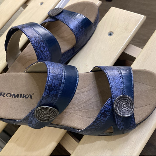 New Size 6.5 Romika Blue Sandals with Wide Straps and Metallic Embellishment