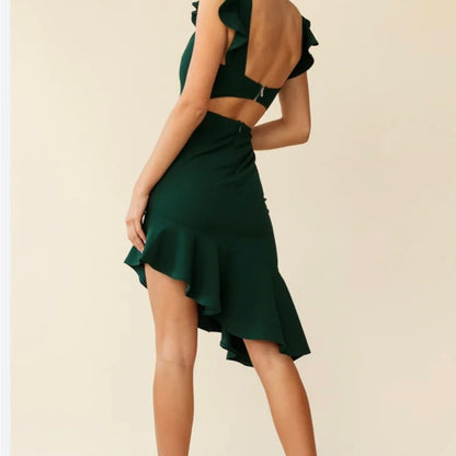 SIZE LARGE Petal & Pup Green Ruched High-Low Cocktail Dress