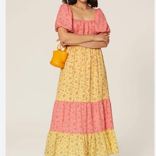 SIZE 10 Pink and Yellow Ruffled Tiered Midi Sundress