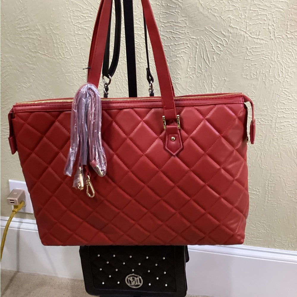 NWT OS Badgley Mischka Red Quilted Tote with Gold Accents