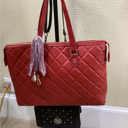 NWT OS Badgley Mischka Red Quilted Tote with Gold Accents