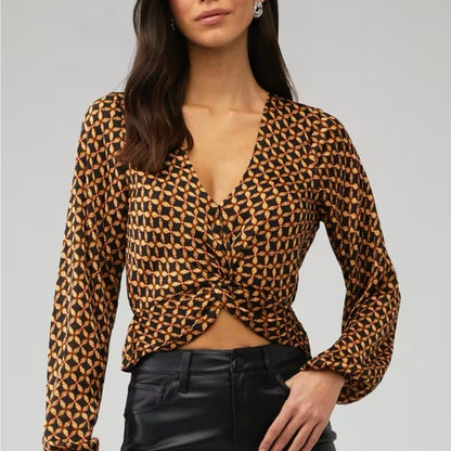 NWT SIZE XS MINKPINK Brown and Tan Crop Tie Front Blouse