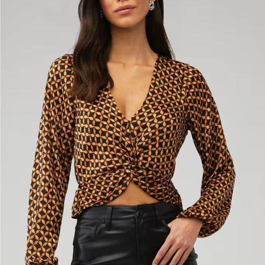NWT SIZE XS MINKPINK Brown and Tan Crop Tie Front Blouse