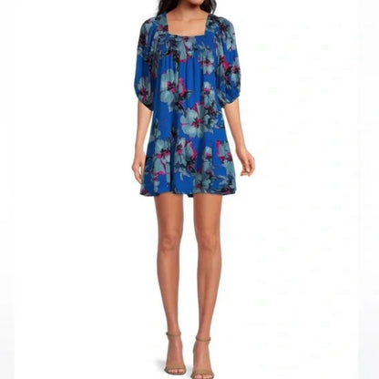 NWT SIZE MEDIUM Free People Blue Ruched Puff Sleeve Mini Dress