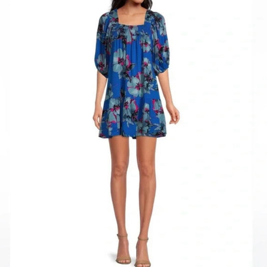 NWT SIZE MEDIUM Free People Blue Ruched Puff Sleeve Mini Dress