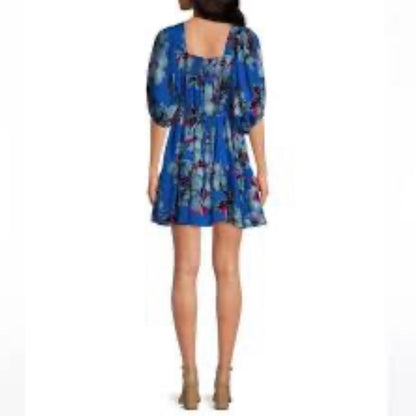 NWT SIZE MEDIUM Free People Blue Ruched Puff Sleeve Mini Dress
