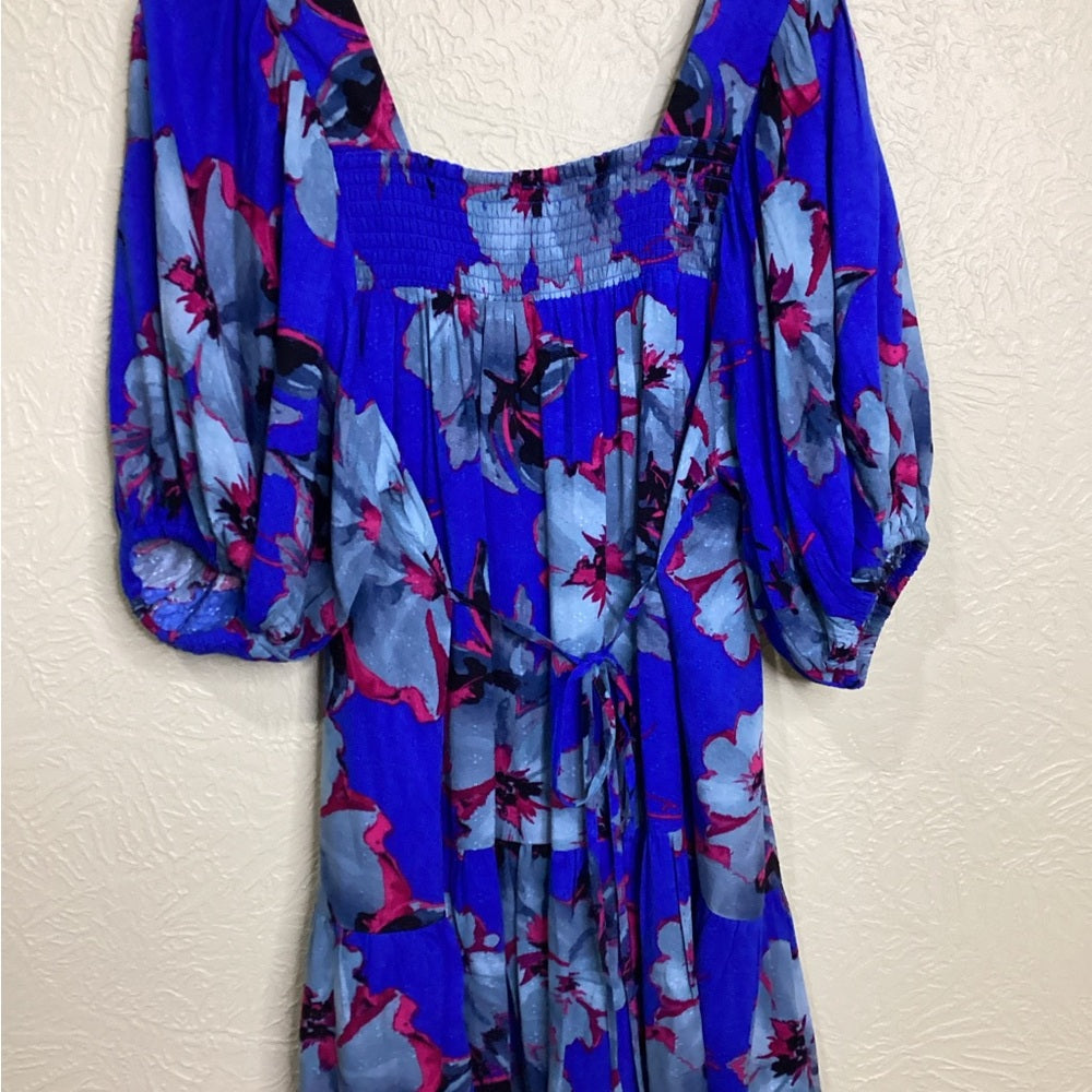 NWT SIZE MEDIUM Free People Blue Ruched Puff Sleeve Mini Dress