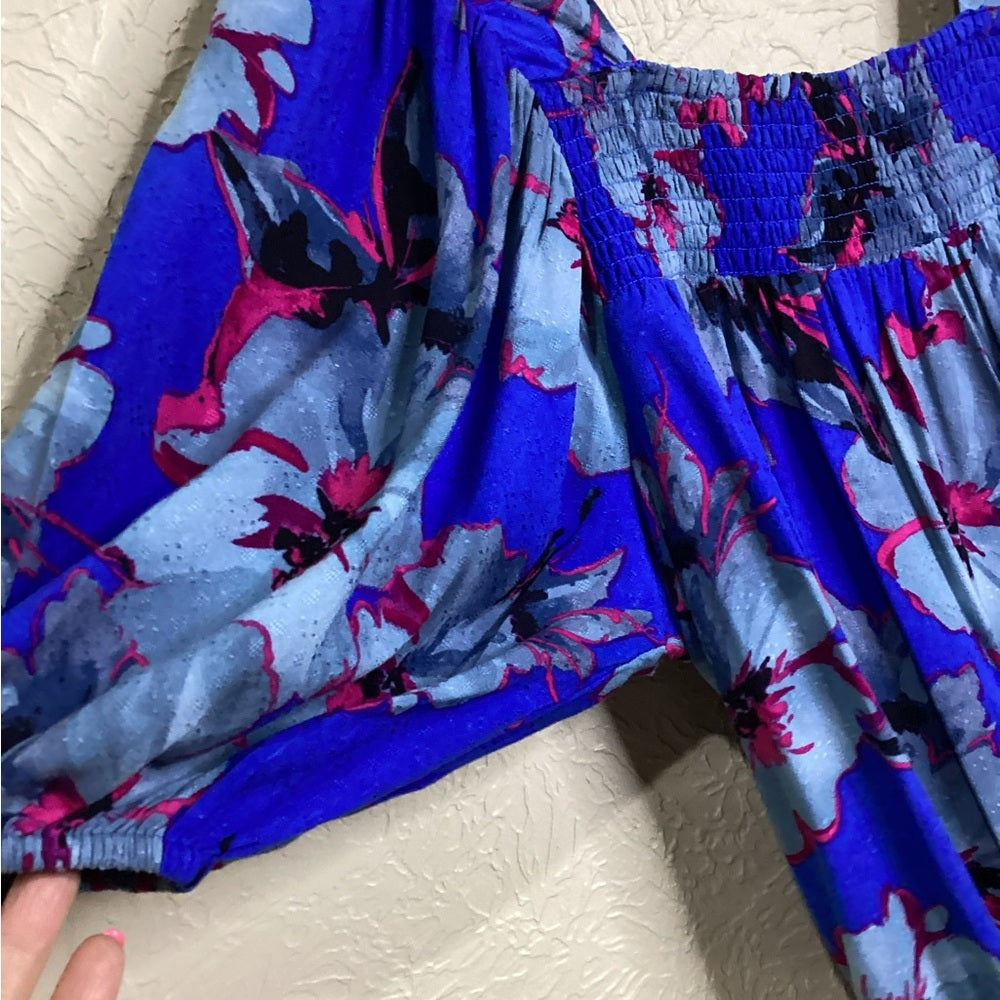 NWT SIZE MEDIUM Free People Blue Ruched Puff Sleeve Mini Dress
